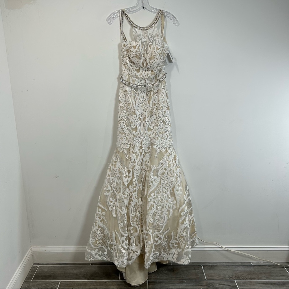 Tiffany Designs Dress Beaded Lace Size 4 Halter Gown 16336 Ivory/Nude Mermaid